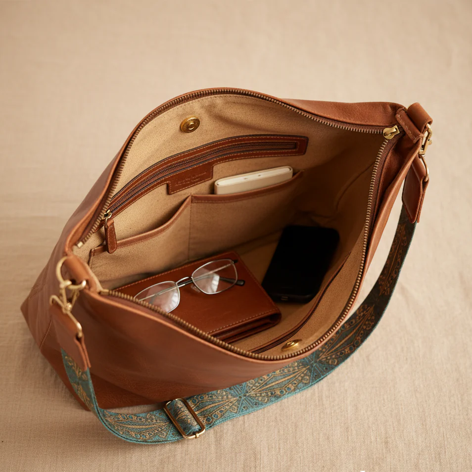 Natalie | Brown Leather Crossbody Bag with Woven Strap
