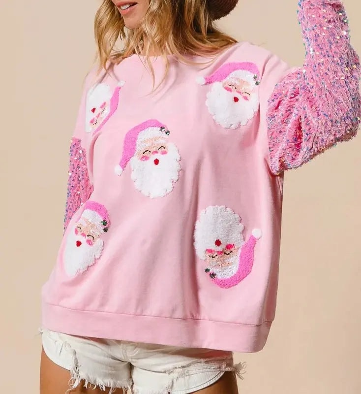 Emma | Santa Print Sequin Sleeve Christmas Jumper