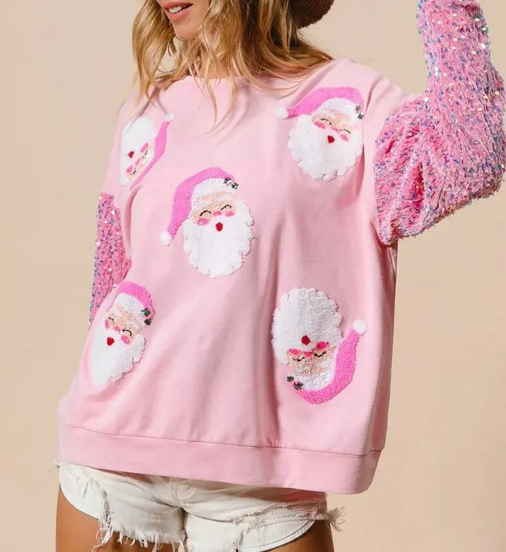 Emma | Santa Print Sequin Sleeve Christmas Jumper
