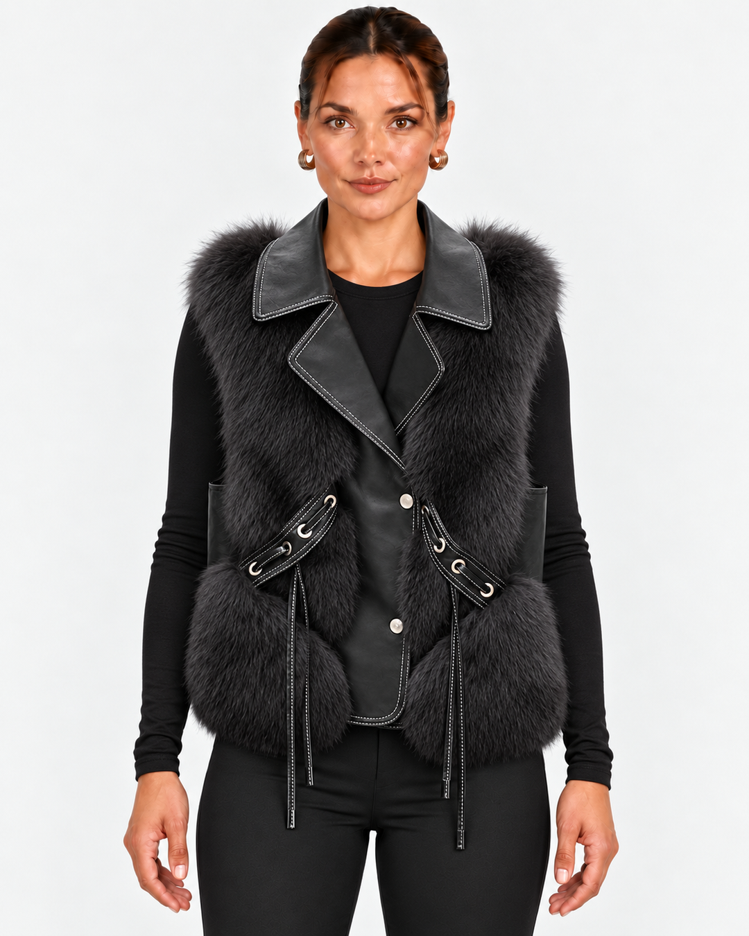 Leah | Women's Faux Fur Coat Vegan Leather Waistcoat
