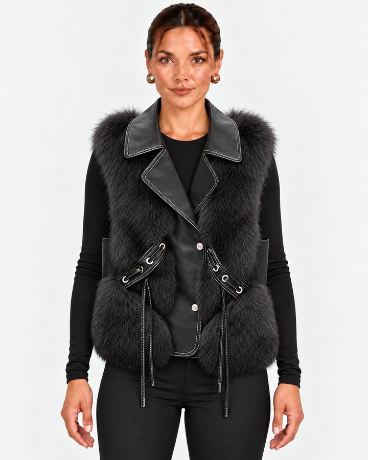 Leah | Women's Faux Fur Coat Vegan Leather Waistcoat