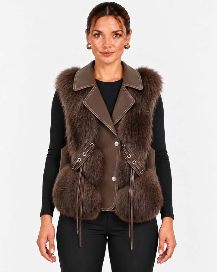 Leah | Women's Faux Fur Coat Vegan Leather Waistcoat