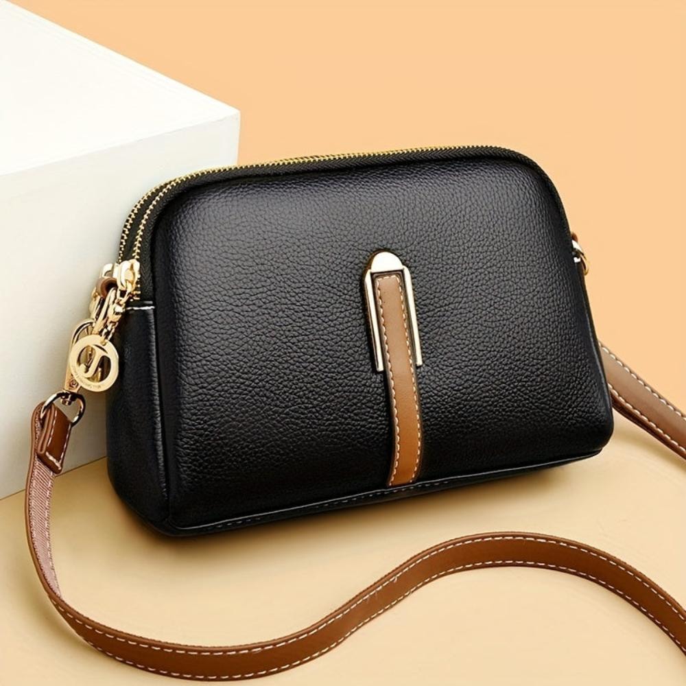 Bianca | Black Litchi Embossed Leather Crossbody Bag