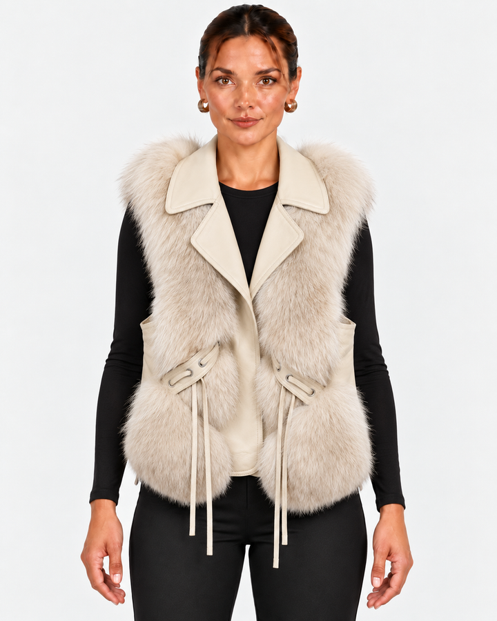 Leah | Women's Faux Fur Coat Vegan Leather Waistcoat