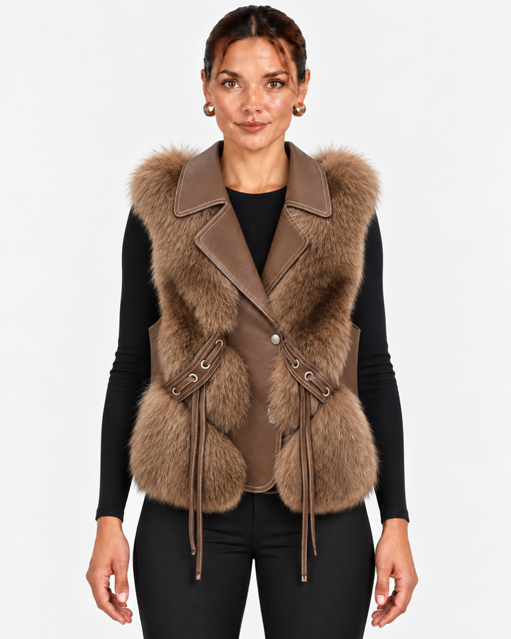 Leah | Women's Faux Fur Coat Vegan Leather Waistcoat