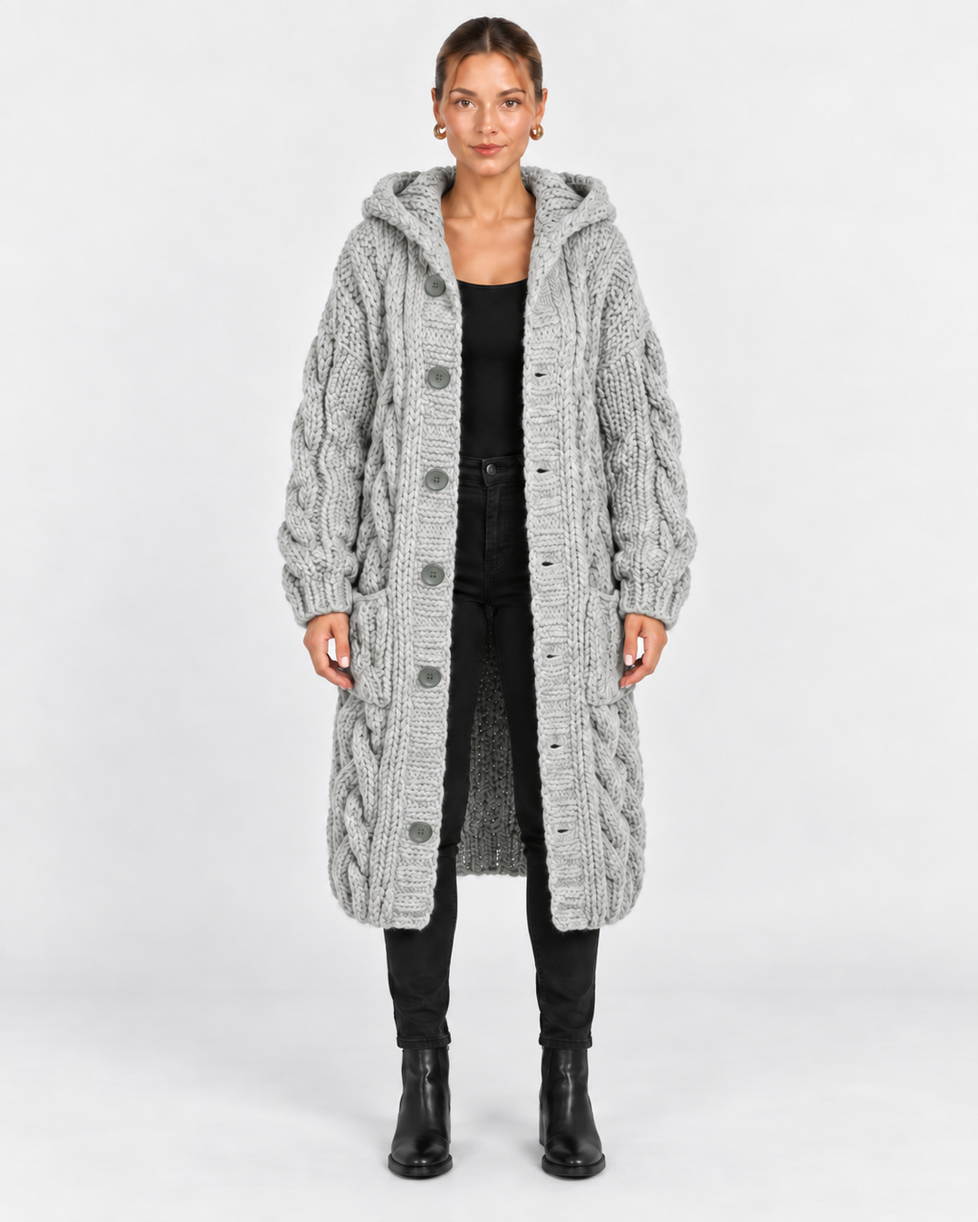 Jade | Hooded Cable Knit Long Coat for Women