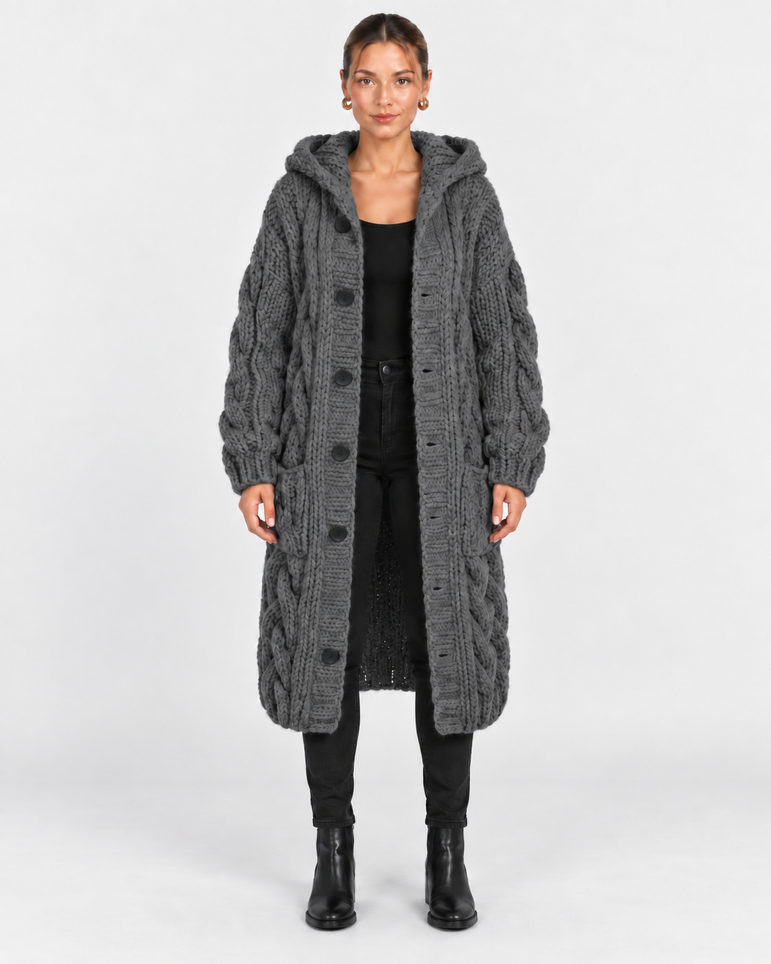 Jade | Hooded Cable Knit Long Coat for Women