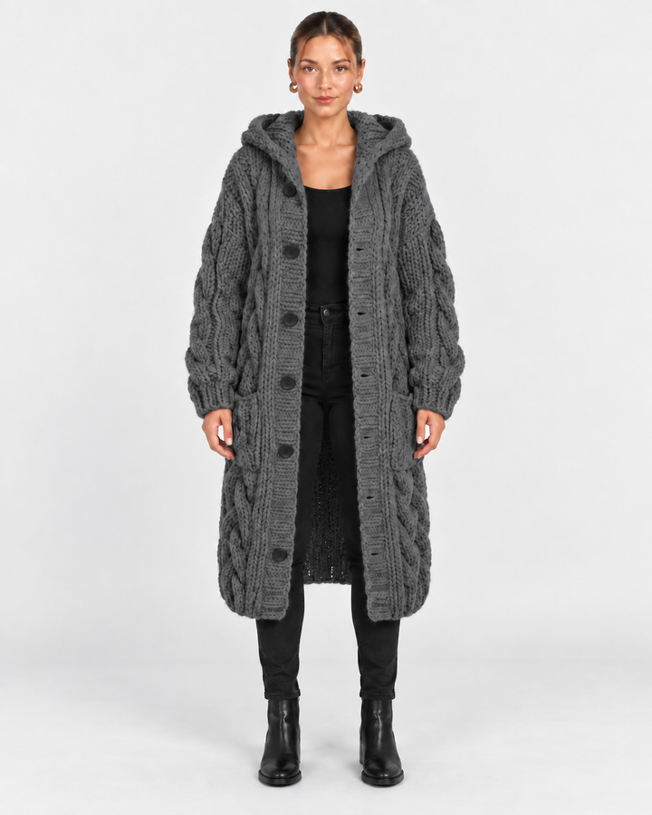 Jade | Hooded Cable Knit Long Coat for Women