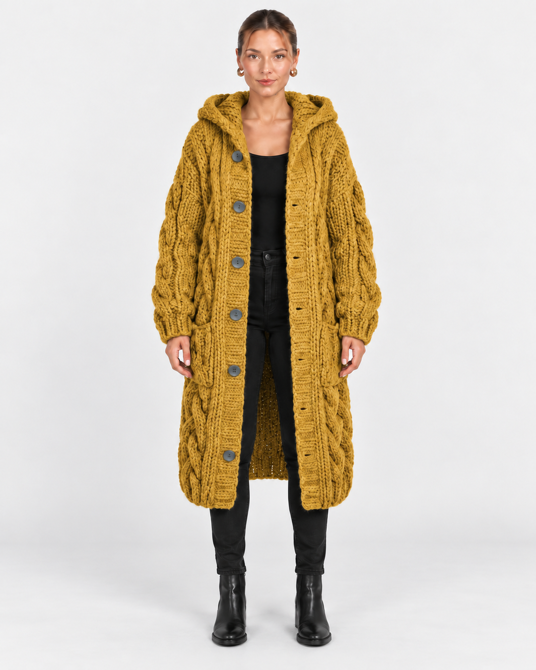 Jade | Hooded Cable Knit Long Coat for Women