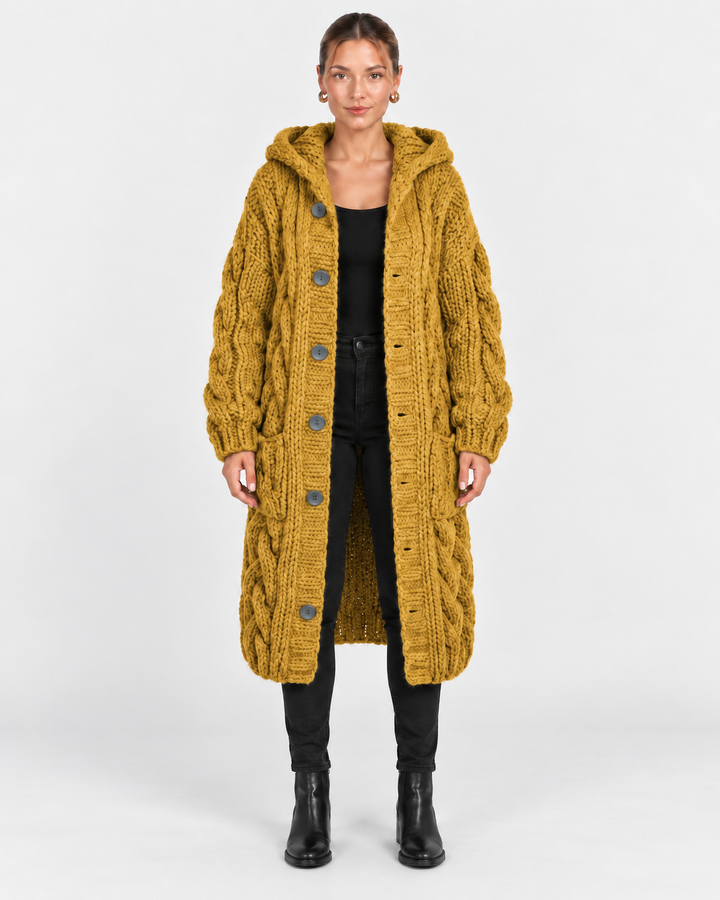 Jade | Hooded Cable Knit Long Coat for Women