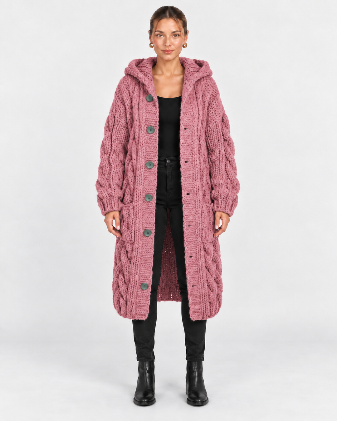 Jade | Hooded Cable Knit Long Coat for Women