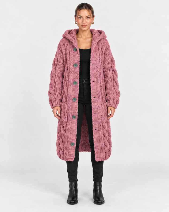 Jade | Hooded Cable Knit Long Coat for Women