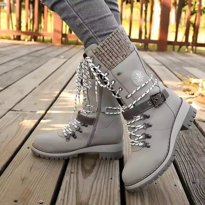 Charlotte | Waterproof Knit Cuff Snow Boots Lace-Up Knee High
