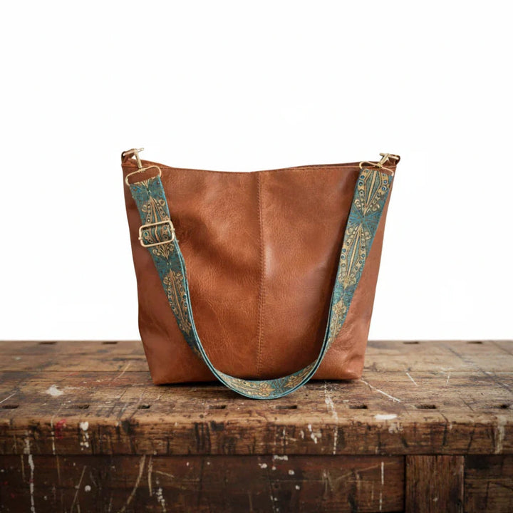 Natalie | Brown Leather Crossbody Bag with Woven Strap