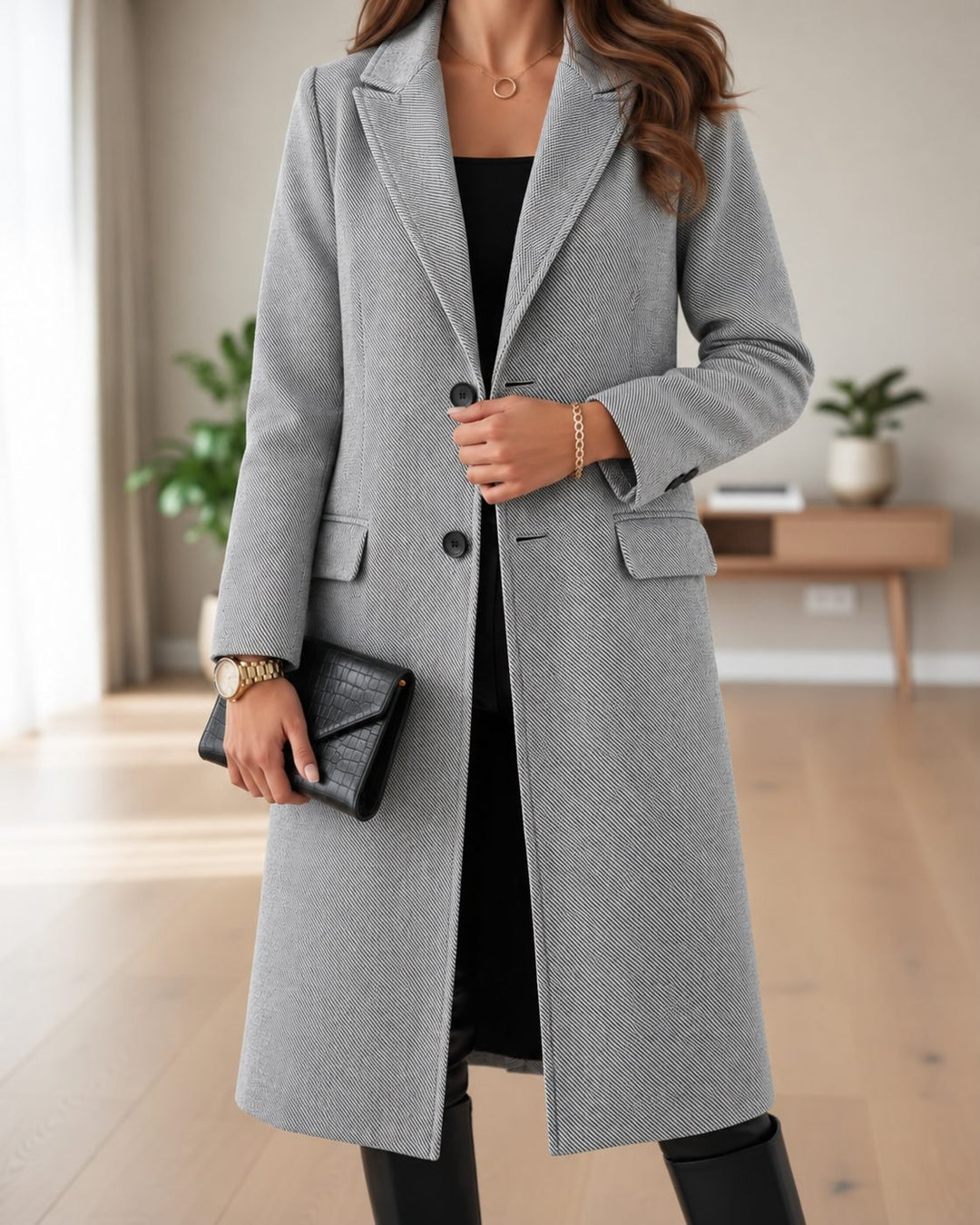 Single-Breasted Notched Lapel Long Trench Coat for Women