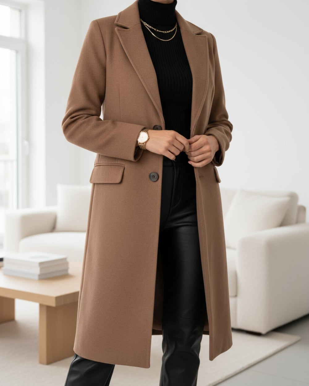 Single-Breasted Notched Lapel Long Trench Coat for Women - Brown
