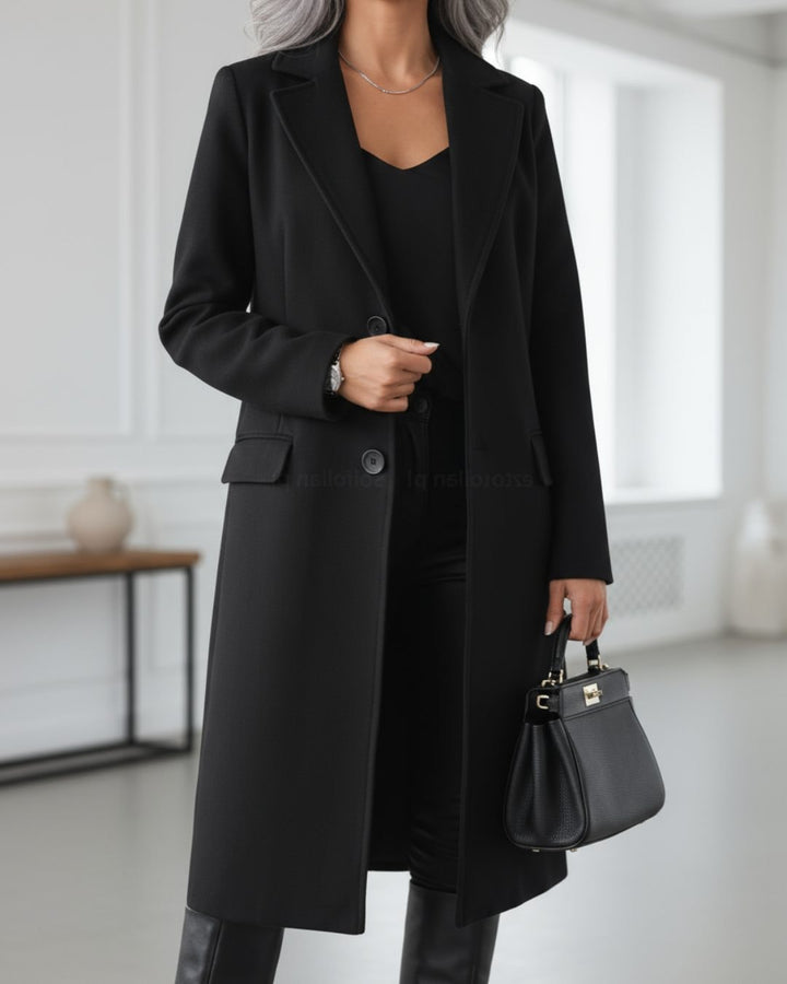 Single-Breasted Notched Lapel Long Trench Coat for Women - Black