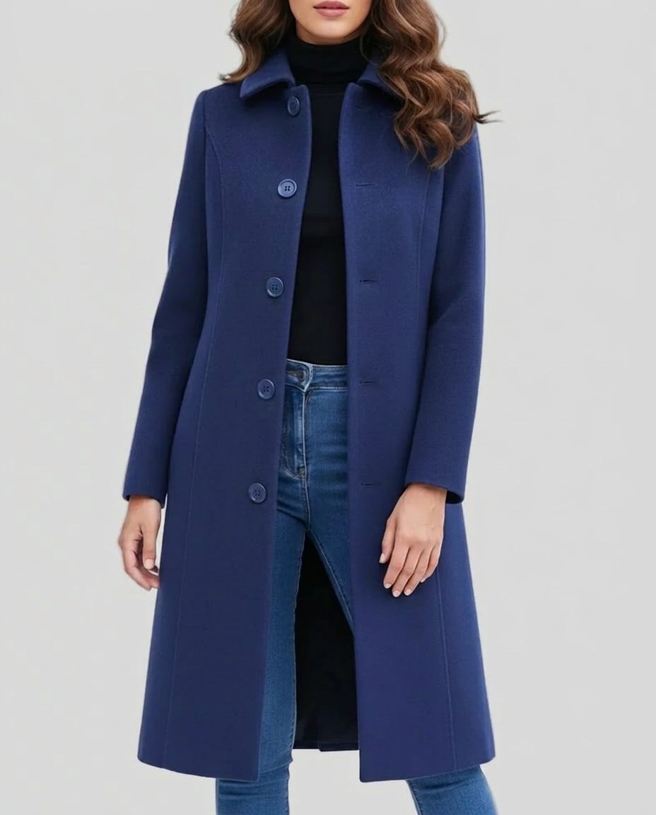 Single-Breasted Long Trench Coat for Women - Dark Blue