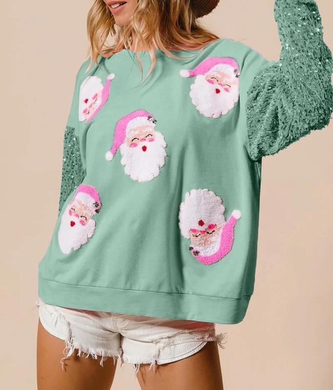 Emma | Santa Print Sequin Sleeve Christmas Jumper
