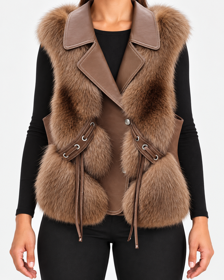 Leah | Women's Faux Fur Coat Vegan Leather Waistcoat