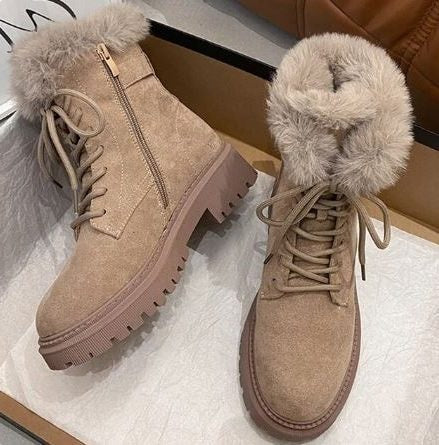 Lace-Up Snow Boots with Faux Fur Collar for Women - Khaki