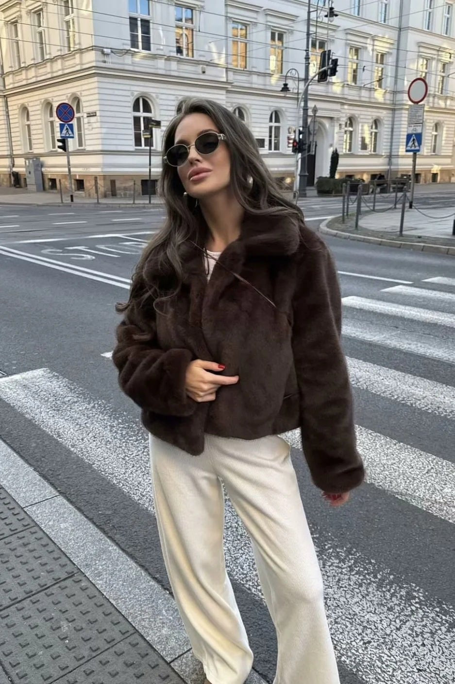 Lauren | Brown Faux Fur Coat Cropped Collared Winter Coat
