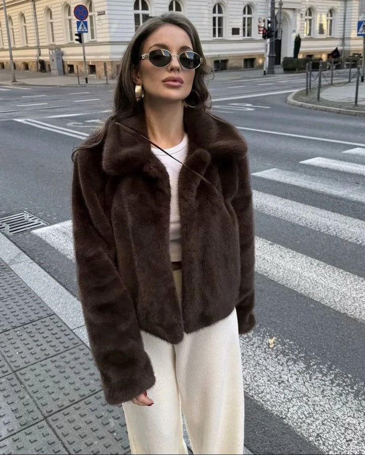 Lauren | Brown Faux Fur Coat Cropped Collared Winter Coat