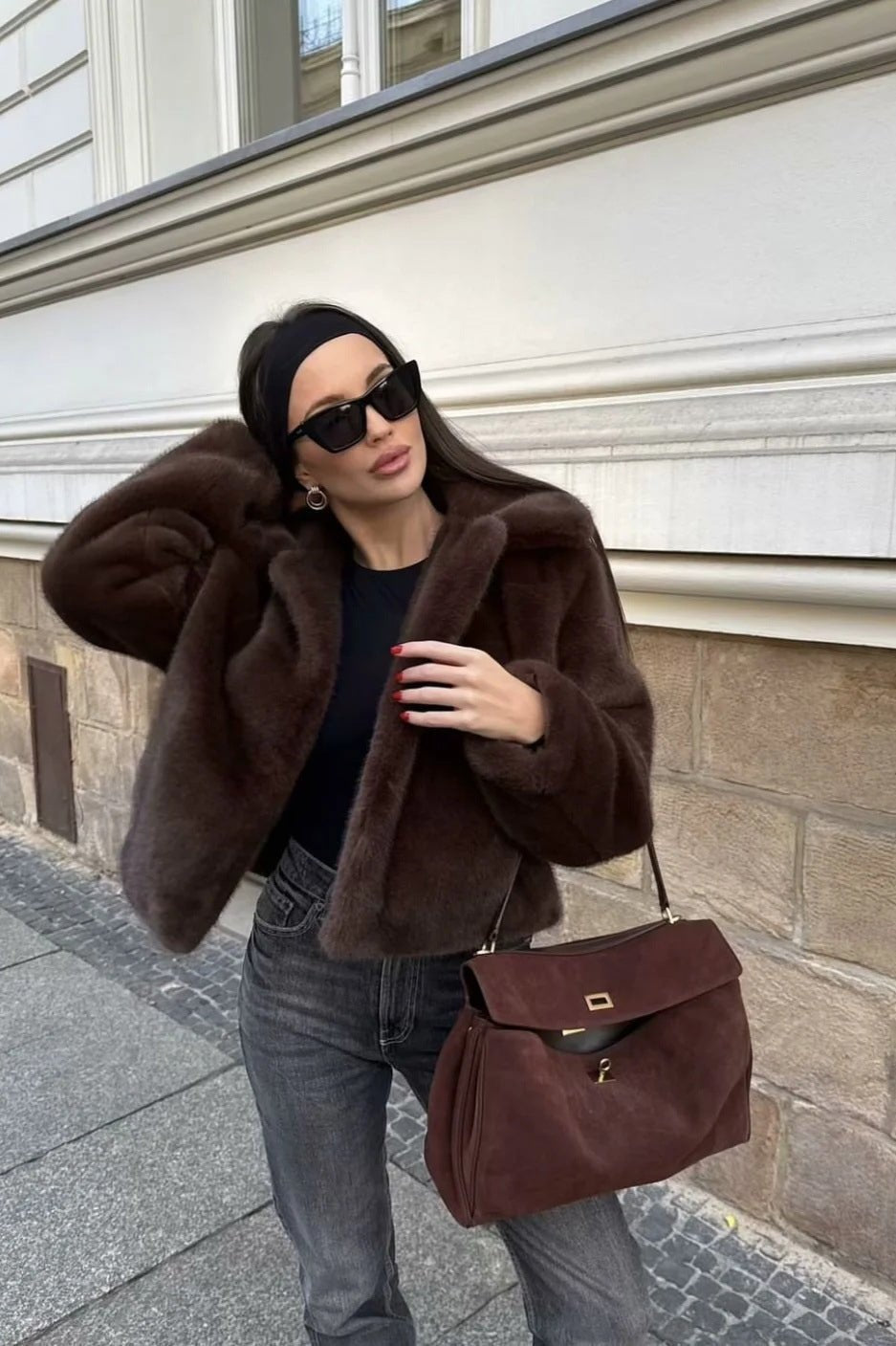 Lauren | Brown Faux Fur Coat Cropped Collared Winter Coat