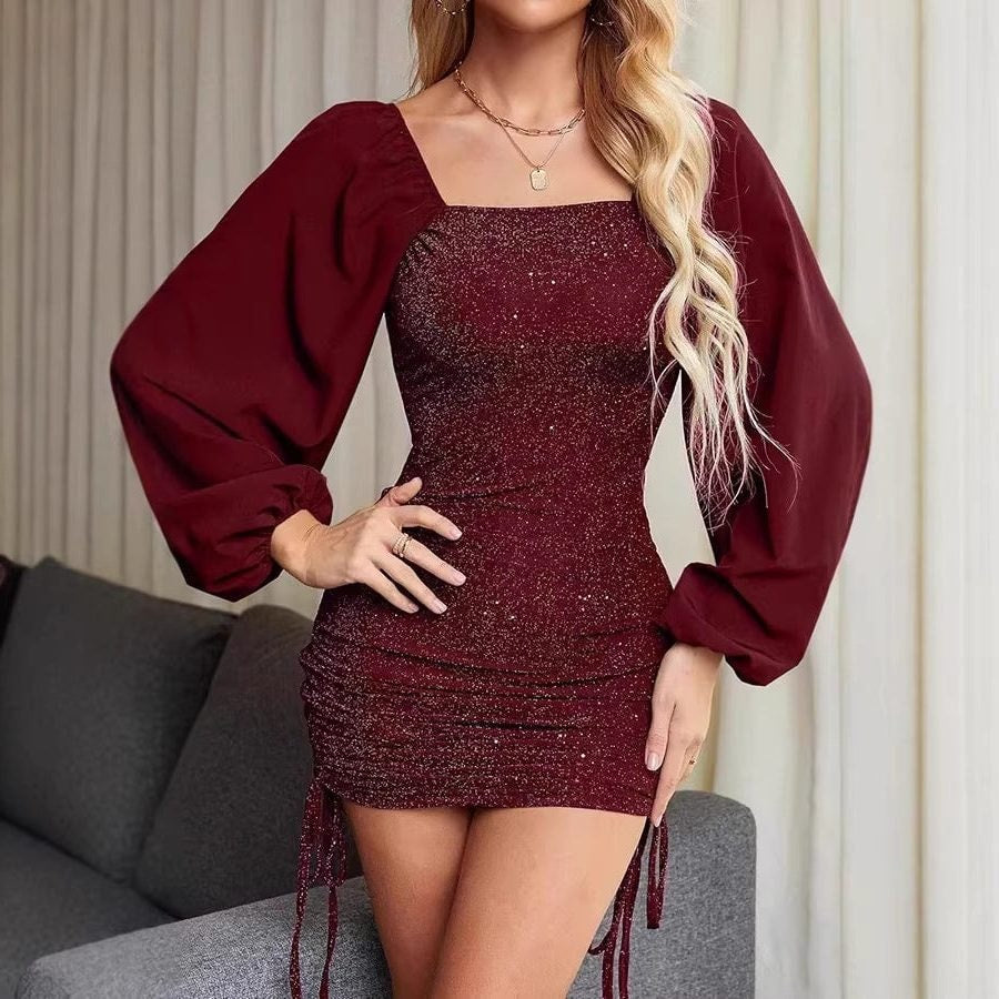 Glitter Sequin Mini Dress with Balloon Sleeves for Women