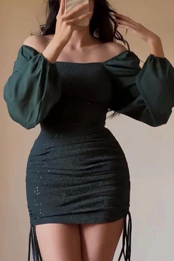 Glitter Sequin Mini Dress with Balloon Sleeves for Women - Olive Green