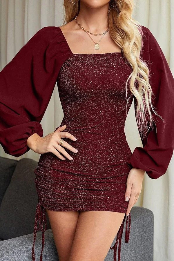 Glitter Sequin Mini Dress with Balloon Sleeves for Women - Wine Red