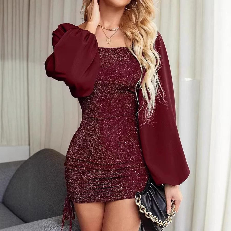 Glitter Sequin Mini Dress with Balloon Sleeves for Women - View 2